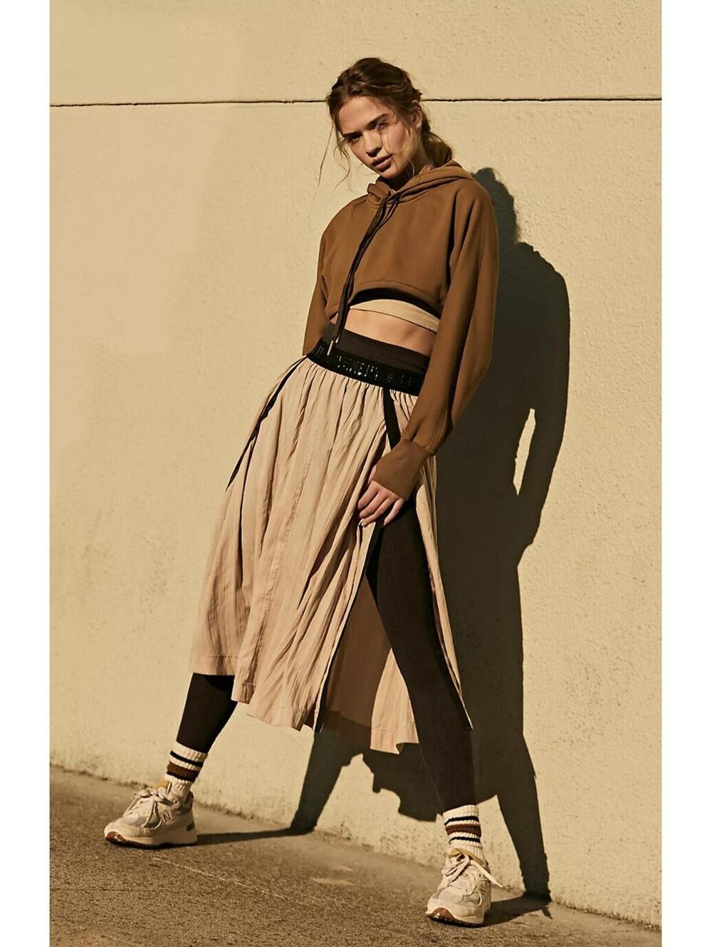 FP Movement Leisure Midi Skirt US Small Blush Taupe Black Logo Waist Athleisure